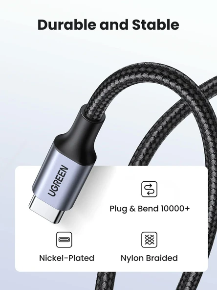 UGREEN USB-C 60W 3A QC PD Örgülü Hızlı Şarj Kablosu, 0,5 Metre, Siyah, 50149 - Resim 3