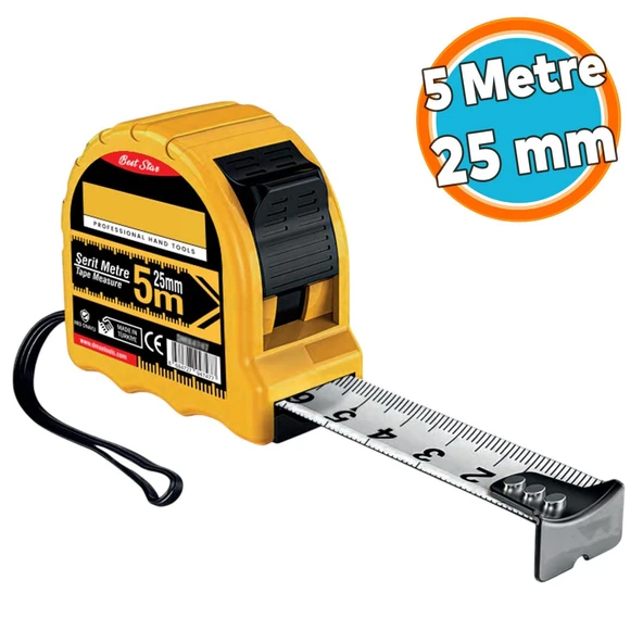 Şerit Metre Darbeye Dayanıklı Kilitli 5 Metre x 25 mm Oto Kilitli Mezura Ölçüm Aleti