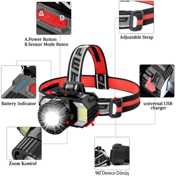 Kafa Lambası Şarjlı Type-c Şarj Beyaz Işık Kırmızı Sos Işık Su Geçirmez 1800 mAh 800 Lümen - Resim 2