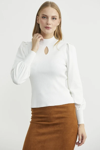 Dik Yaka Balon Kol Triko Kazak - Kemik - Resim 2