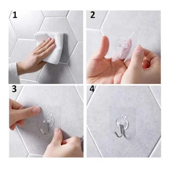 Yapışkanlı Banyo Lavabo Mutfak Askısı Şeffaf Plastik Asma İz Bırakmaz 4 Adetli Set Nano Yeni Nesil - Resim 3