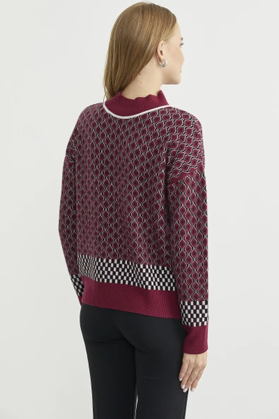 Yarım Balıkçı Renk Motifli Triko Kazak - Bordo - Resim 6