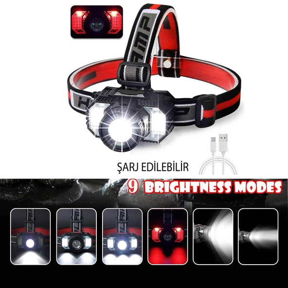 Kafa Lambası Şarjlı Type-c Şarj Beyaz Işık Kırmızı Sos Işık Su Geçirmez 1800 mAh 800 Lümen - Resim 3