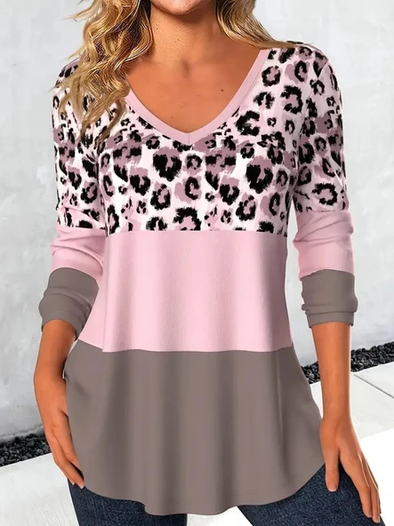 Kadın Uzun Kollu V Yakalı Leopar Baskılı şardonlu Dalgıç Bluz ürün görseli 1
