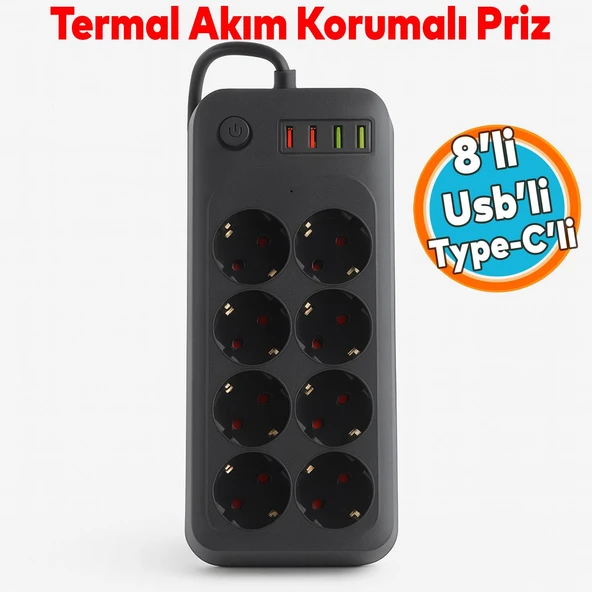 Akım Korumalı Topraklı Golyat Grup Şarj Fiş Priz 8 Prizli 4 USB Girişli 2 Metre Uzatma Kablosu ürün görseli