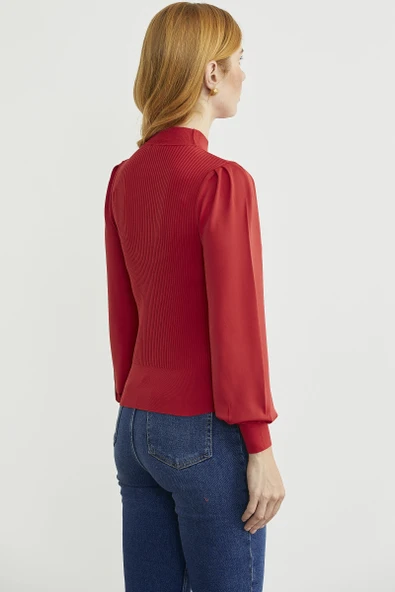 Dik Yaka Balon Kol Triko Kazak - Kırmızı - Resim 5