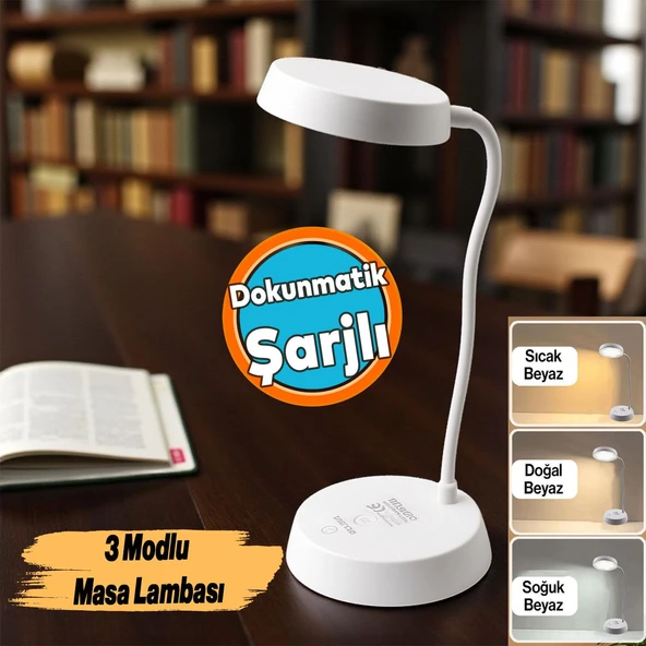 Masa Üstü Lamba Şarjlı Akrobat 360° 3 Kademe Dokunmatik Çalışma Okuma Işığı Gece Lambası Soft Işık ürün görseli