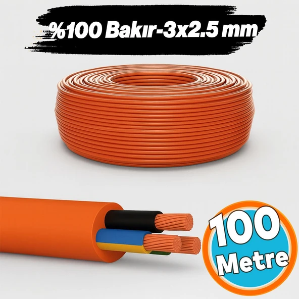 100 Metre %100 Bakır Çok Telli 3x2.5 mm Elektrik Kablosu Turuncu Elektrikli Araç Şarj Uygun Uyumlu