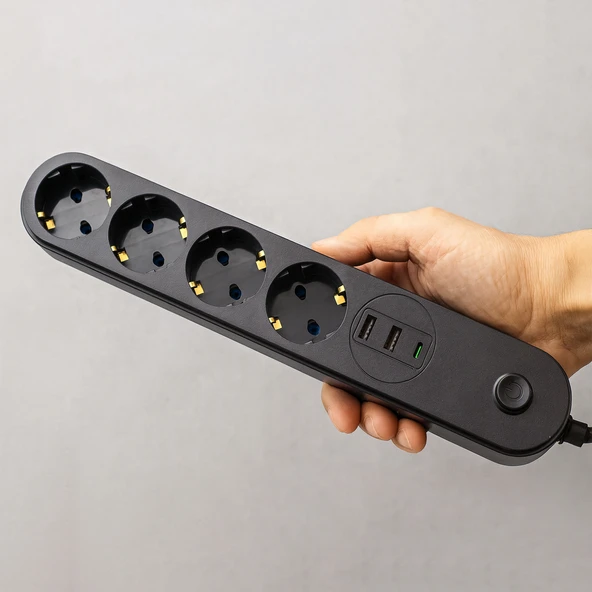 Akım Korumalı Topraklı Golyat Grup Şarj Fiş Priz 4 Prizli 3 USB Girişli 2 Metre Uzatma Kablosu - Resim 3