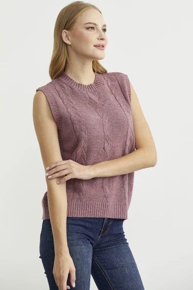 Salaş Yünlü Triko Süveter - Gül - Resim 4