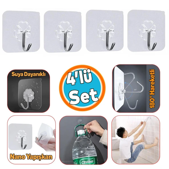 Yapışkanlı Banyo Lavabo Mutfak Askısı Şeffaf Plastik Asma İz Bırakmaz 4 Adetli Set Nano Yeni Nesil ürün görseli