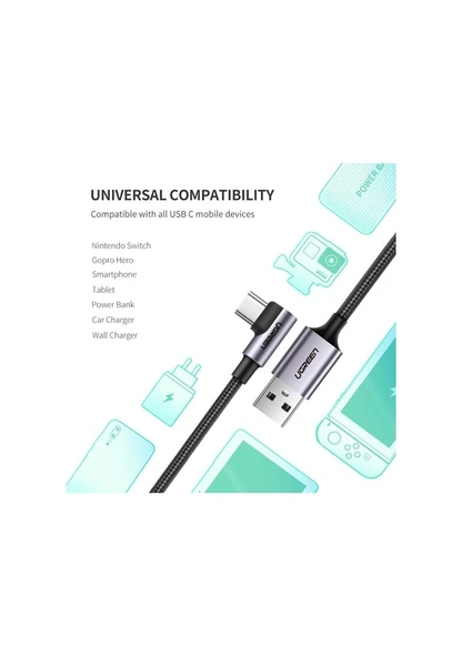 UGREEN USB-C to USB-A 3A QC 90 Derece Hızlı Şarj Kablosu, 2 Metre, Uzay Girişi, 50942 - 5