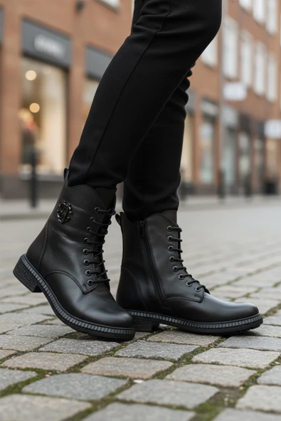 Ayakmod Siyah Hakiki Deri Bağcıklı Kaymaz Polarlı Kadın Bot 20912-1 Z - 3