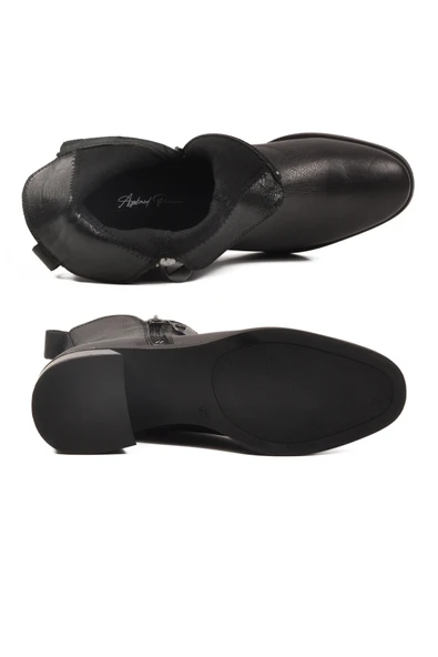 Ayakmod Siyah Hakiki Deri Polarlı Kaymaz Fermuarlı Kadın Topuklu Bot 9780-1 Z - 5