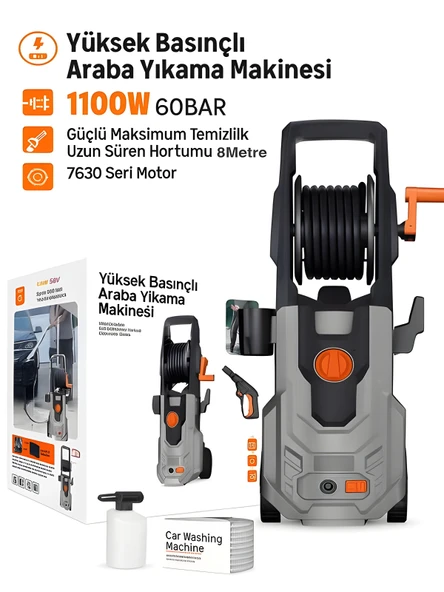 1100W 60 Bar 8 Metre Hortumlu Yüksek Basınçlı Yıkama Makinası Oto Motosiklet ve Bahçe Sulama Pompası ürün görseli 1