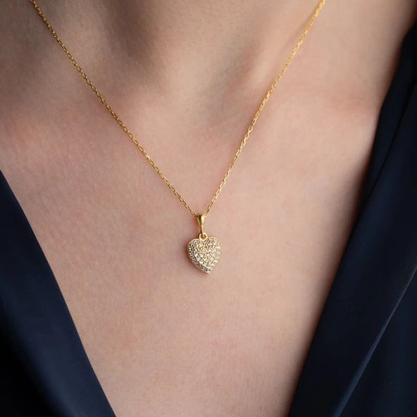 925 Ayar Gümüş Taşlı Bombeli Kalp Kolye - Resim 2