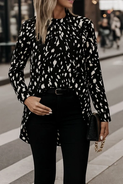 Lucky Life Kadın Uzun Kollu Yarı Balıkçı Yaka Desenli Dokuma Bluz - Resim 2