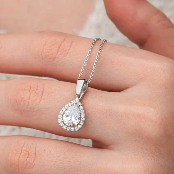 Gümüş Damla Beyaz Zirkon Taşlı Kadın Kolye - 5