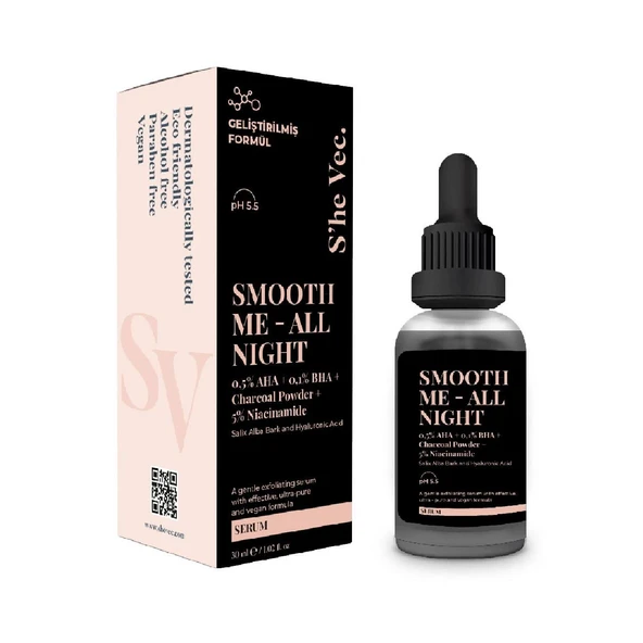 She Vec Smooth Me All Night Aktif Kömür İçeren Matlaştırıcı ve Cilt Kusur Görünümünü Azaltıcı Siyah Serum 30 ml ürün görseli