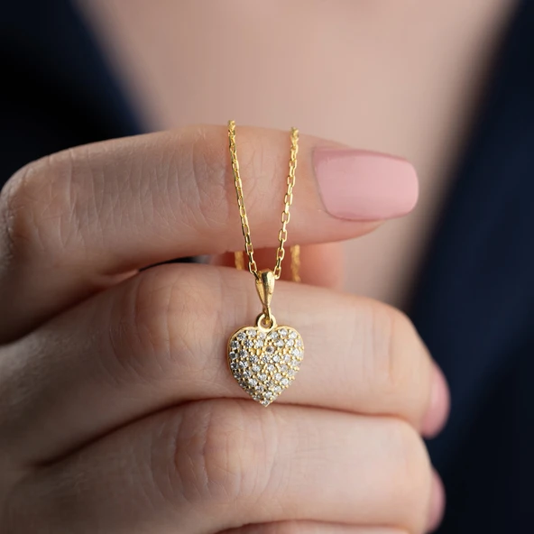 925 Ayar Gümüş Taşlı Bombeli Kalp Kolye - Resim 4