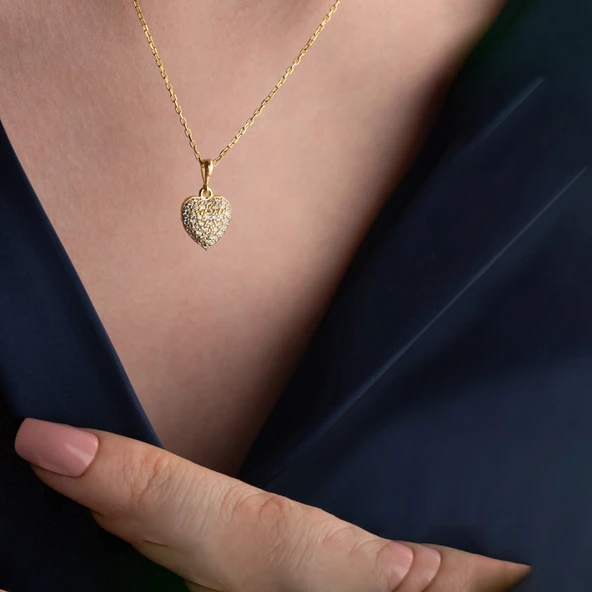 925 Ayar Gümüş Taşlı Bombeli Kalp Kolye - Resim 5