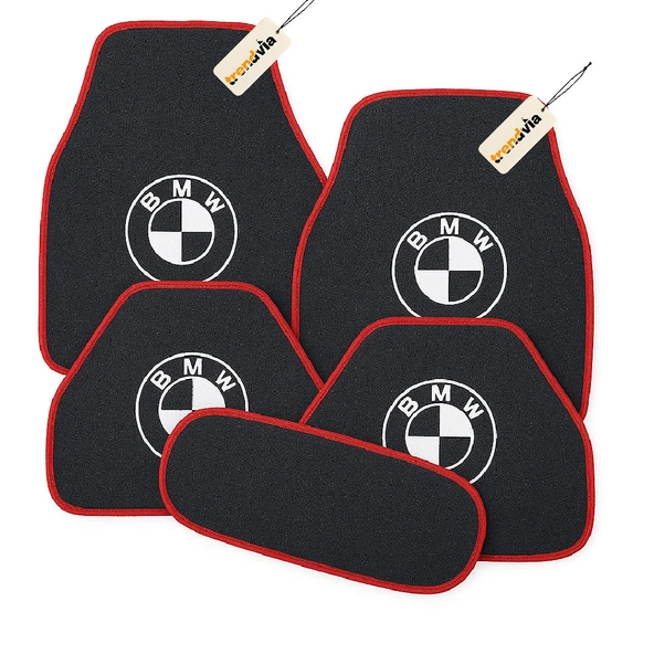 Antrasit Kırmızı Renk BMW Logolu 5 Parça Oto Halı Paspas Seti  Su Geçirmez, Kaymaz, Araca Uygun Kesim, Kolay Temizlenir