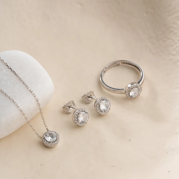 Vaoov 925 Ayar Gümüş Rodyumlu 3lü Tektaş Set - Resim 5