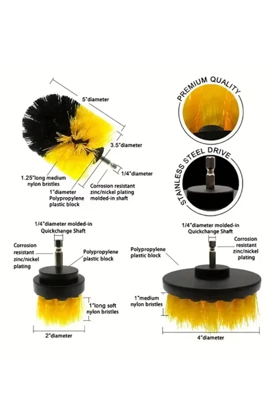 NACTUMU 3Adet Matkap Ucuna Takılabilen Temizleme Fırçası Seti  Duşakabin Banyo Küvet Araba Tekerliği Koltuk Yıkama - 3