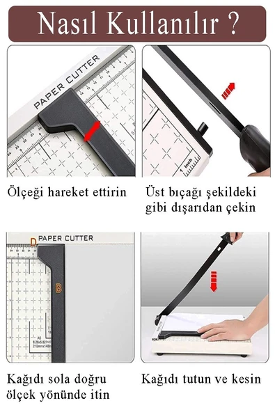 Giyotin Kağıt Kesme Makinesi A4 Metal Kollu Tablalı A5-A4 Ayarlanabilir Sürgülü Paslanmaz Kaliteli - 3