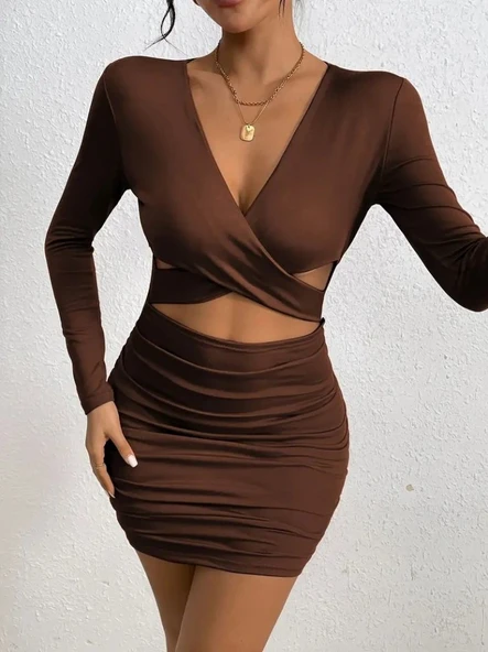 Lucky Life Kadın Uzun Kollu çapraz Dekolte Detaylı Mini Sandy Elbise - Resim 3