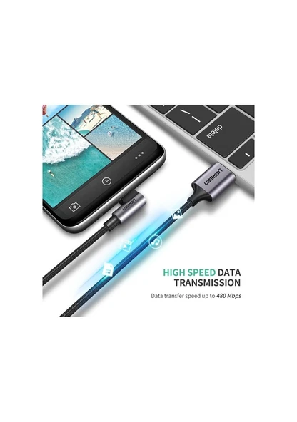 UGREEN USB-C to USB-A 3A QC 90 Derece Hızlı Şarj Kablosu, 2 Metre, Uzay Girişi, 50942 - 4