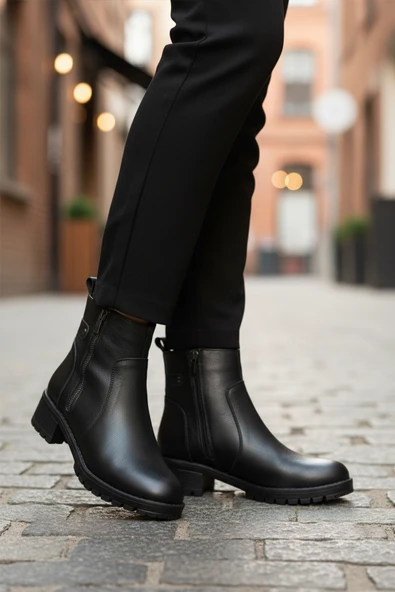 Ayakmod Siyah Hakiki Deri Fermuarlı Polarlı Kadın Topuklu Bot 4663-1 Z - 3