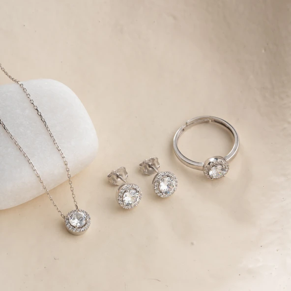 Vaoov 925 Ayar Gümüş Rodyumlu 3lü Tektaş Set - Resim 3