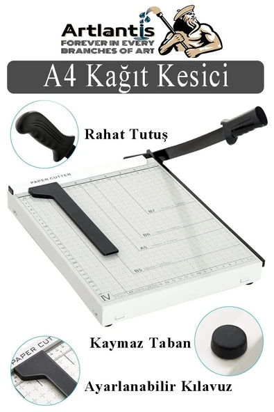 Giyotin Kağıt Kesme Makinesi A4 Metal Kollu Tablalı A5-A4 Ayarlanabilir Sürgülü Paslanmaz Kaliteli