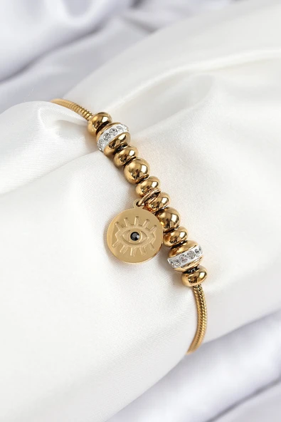 316L Çelik Zirkon Taşlı Göz Charm Model Gold Renk Kadın Bileklik - TJ-BB7842 ürün görseli