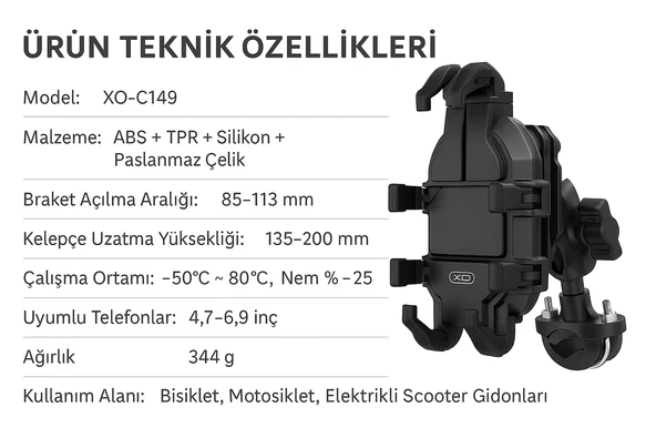Titreşim Önleyici Gidon Telefon Tutucu Dayanıklı ABS Paslanmaz Çelik Yapı 4.7-6.9" Uyumlu - 2