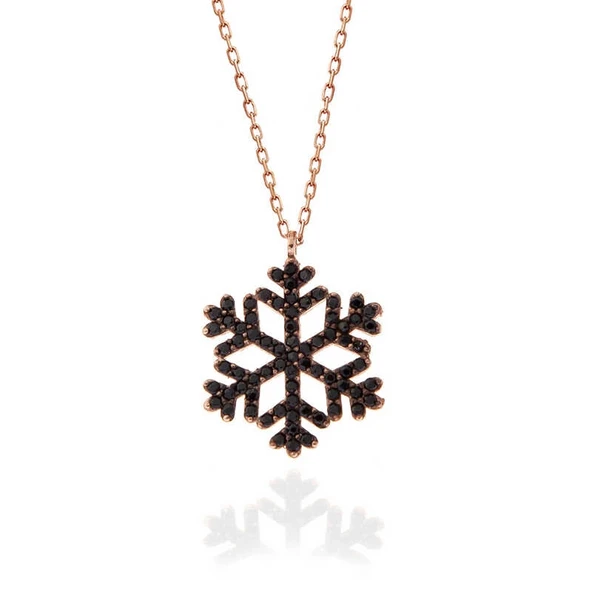 925 Ayar Gümüş Rose Siyah Taşlı Kar Tanesi Kadın Kolye - Resim 3