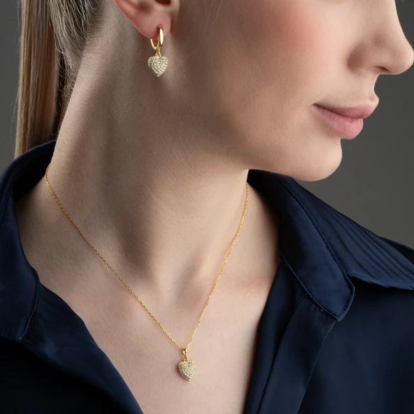 Vaoov 925 Ayar Gümüş 2li Taşlı Kalp Set - Resim 4