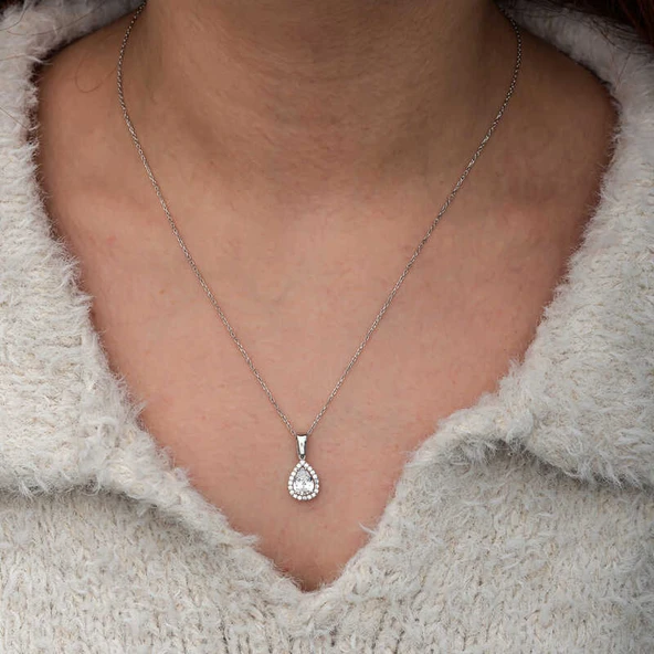 Gümüş Damla Beyaz Zirkon Taşlı Kadın Kolye - 8