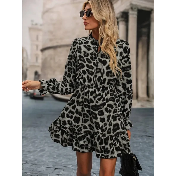 Lucky Life Kadın Uzun Kollu Yakadan Bağlamalı Beli Lastikli şardonlu Dalgıç Elbise - 5