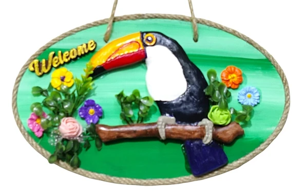 Tukan Kuşu Figürlü Welcome Yazılı Dekoratif Kapı Süsü - Renkli El Yapımı Dekor - Resim 3