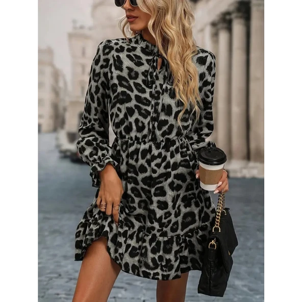 Lucky Life Kadın Uzun Kollu Yakadan Bağlamalı Beli Lastikli şardonlu Dalgıç Elbise - 4