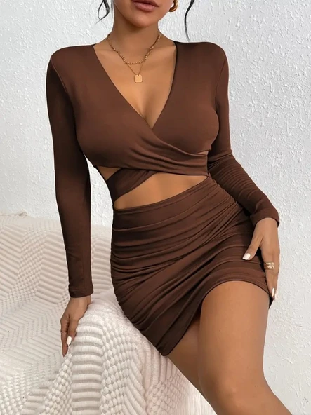 Lucky Life Kadın Uzun Kollu çapraz Dekolte Detaylı Mini Sandy Elbise - Resim 2