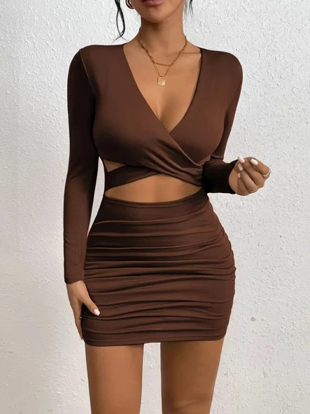 Lucky Life Kadın Uzun Kollu çapraz Dekolte Detaylı Mini Sandy Elbise - Resim 4