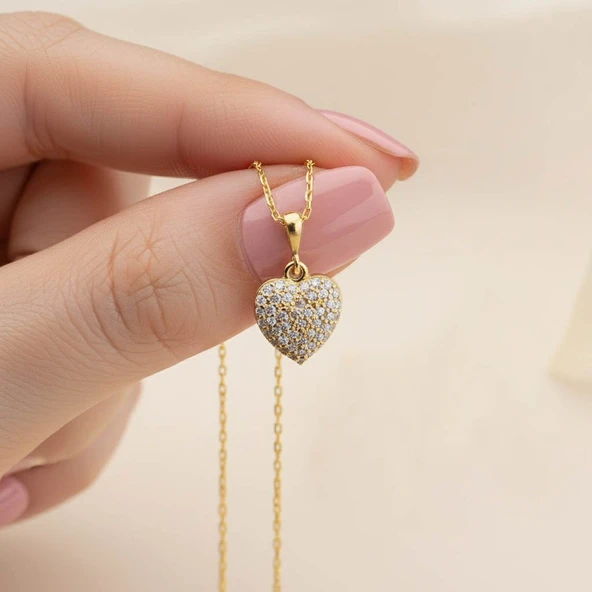 925 Ayar Gümüş Taşlı Bombeli Kalp Kolye ürün görseli