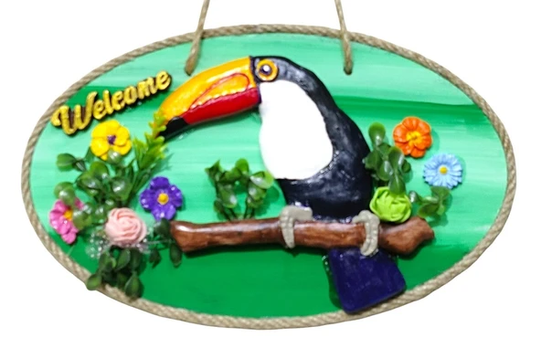 Tukan Kuşu Figürlü Welcome Yazılı Dekoratif Kapı Süsü - Renkli El Yapımı Dekor ürün görseli