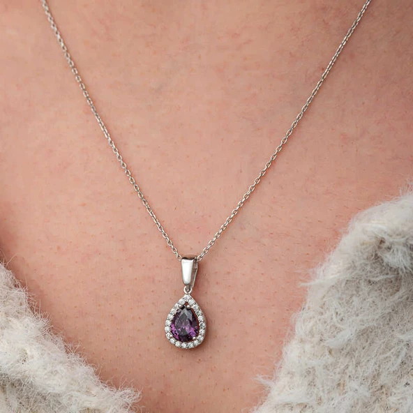 Gümüş Damla Mor Taşlı Kadın Kolye - 7