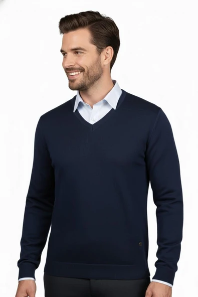 Erkek V Yaka Triko Kazak Çelik Örgü Klasik Kalıp 4241D BGL-ST04849 - Resim 3