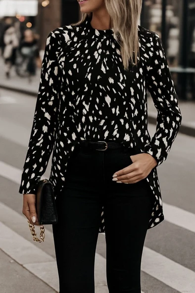 Lucky Life Kadın Uzun Kollu Yarı Balıkçı Yaka Desenli Dokuma Bluz - Resim 3