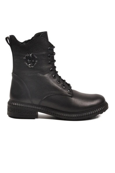 Ayakmod Siyah Hakiki Deri Bağcıklı Kaymaz Polarlı Kadın Bot 20912-1 Z - 2